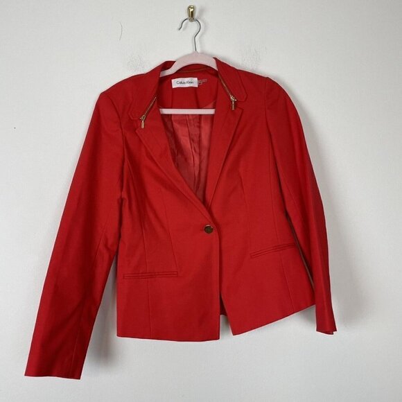 Calvin Klein Woman’s Red Blazer Zip Collar Single Button Size 8 Petite - Picture 1 of 6